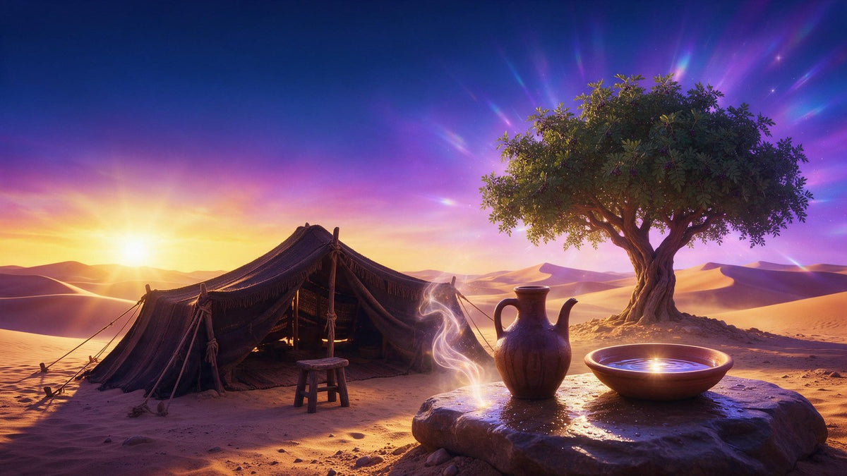 Avraham's open tent in the desert with an empty stool, a water pitcher and basin under a tree