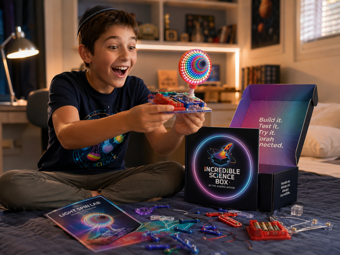 Pixar-style CGI science box exploding open with glowing items floating out